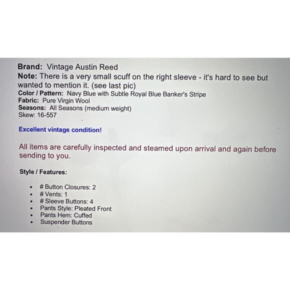 Vintage Austin Reed Suit 44L 38x29.5 Navy Blue Royal Banker's Stripe Virgin Wool - Picture 2 of 16